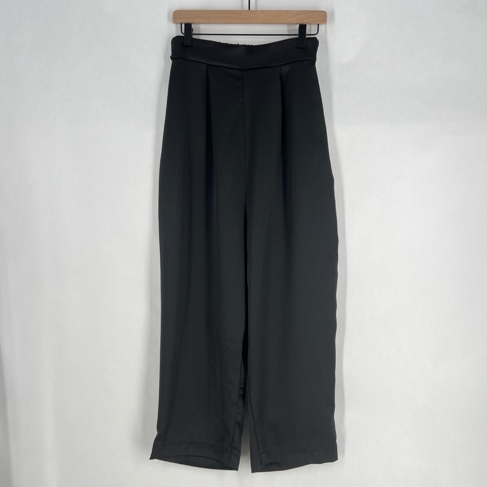 Locker Room Satin Black Adjustable Hem Relaxed Straight Leg Pleated Pull-On Pant